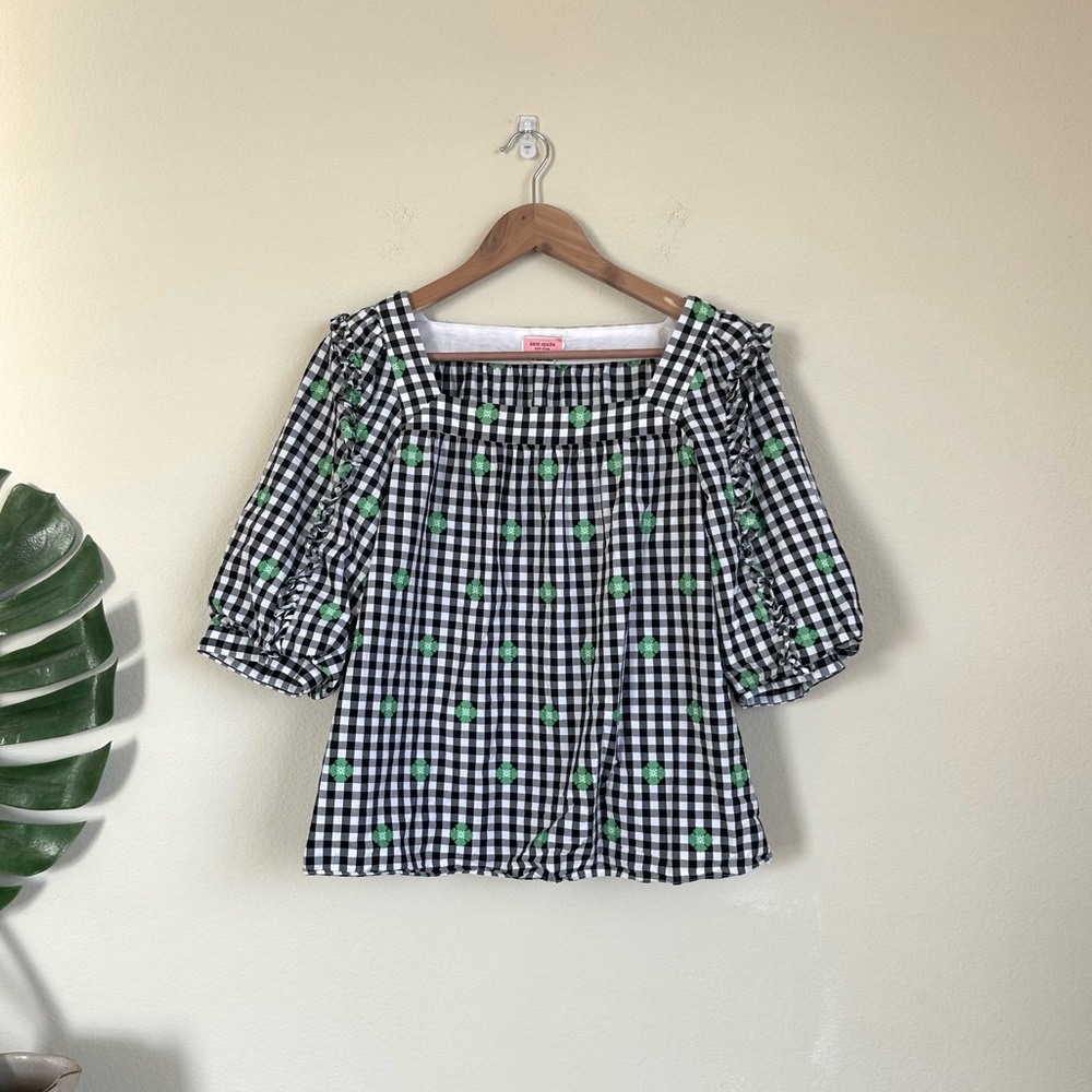 Kate Spade Gingham Puff Sleeve Cotton Blouse